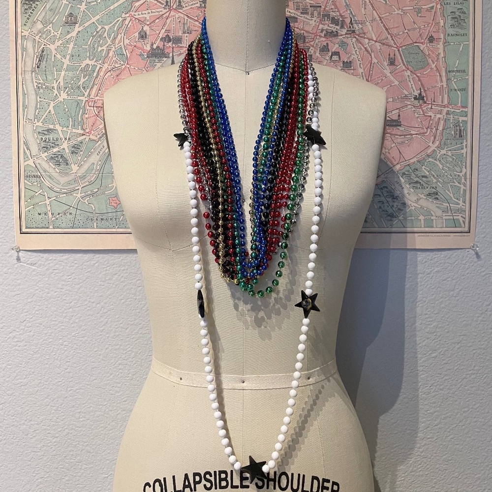 Bundle of Variety of 12 Mardi Gras String Beaded Necklaces In Stars, Disco Balls
